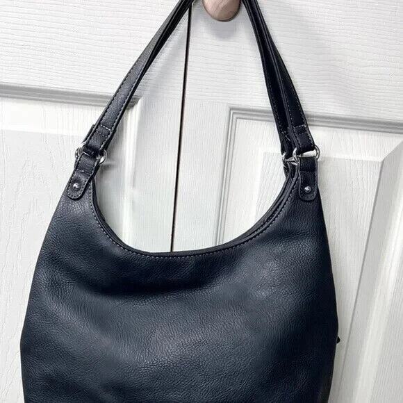 Black MultiSac Shoulder Bag Faux Leather Older Purse 3 Pockets 13" x 18 From Top - Picture 4 of 5